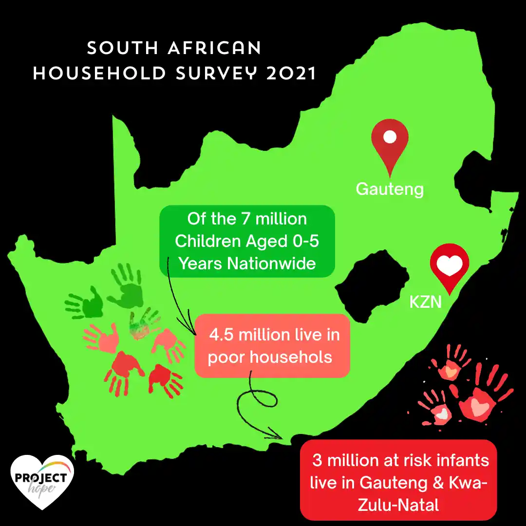 A map of South Africa showing the number of at-risk children aged 0-5 years living in KZN and Gauteng. The harsh realities of ECD. Statistics from the 2021 SA government household survey. Project Hope.