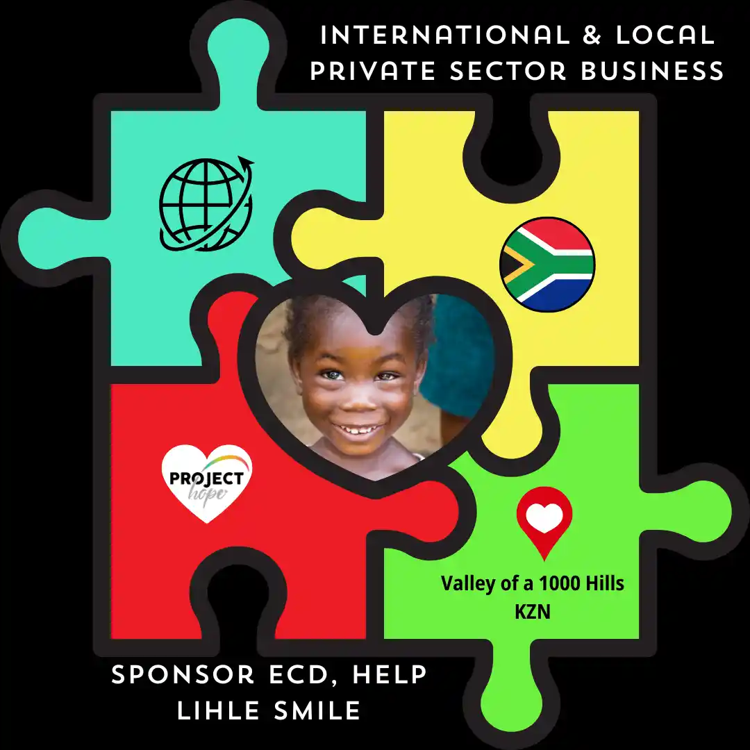 4 puzzle pieces surrounding a picture of a little girl smiling. Each piece represents part of a holistic ECD program, to help Lihle smile again: local & International private sector business donors; Valley of 1000's Hills children in need; and Project Hope, KZN, South Africa.
