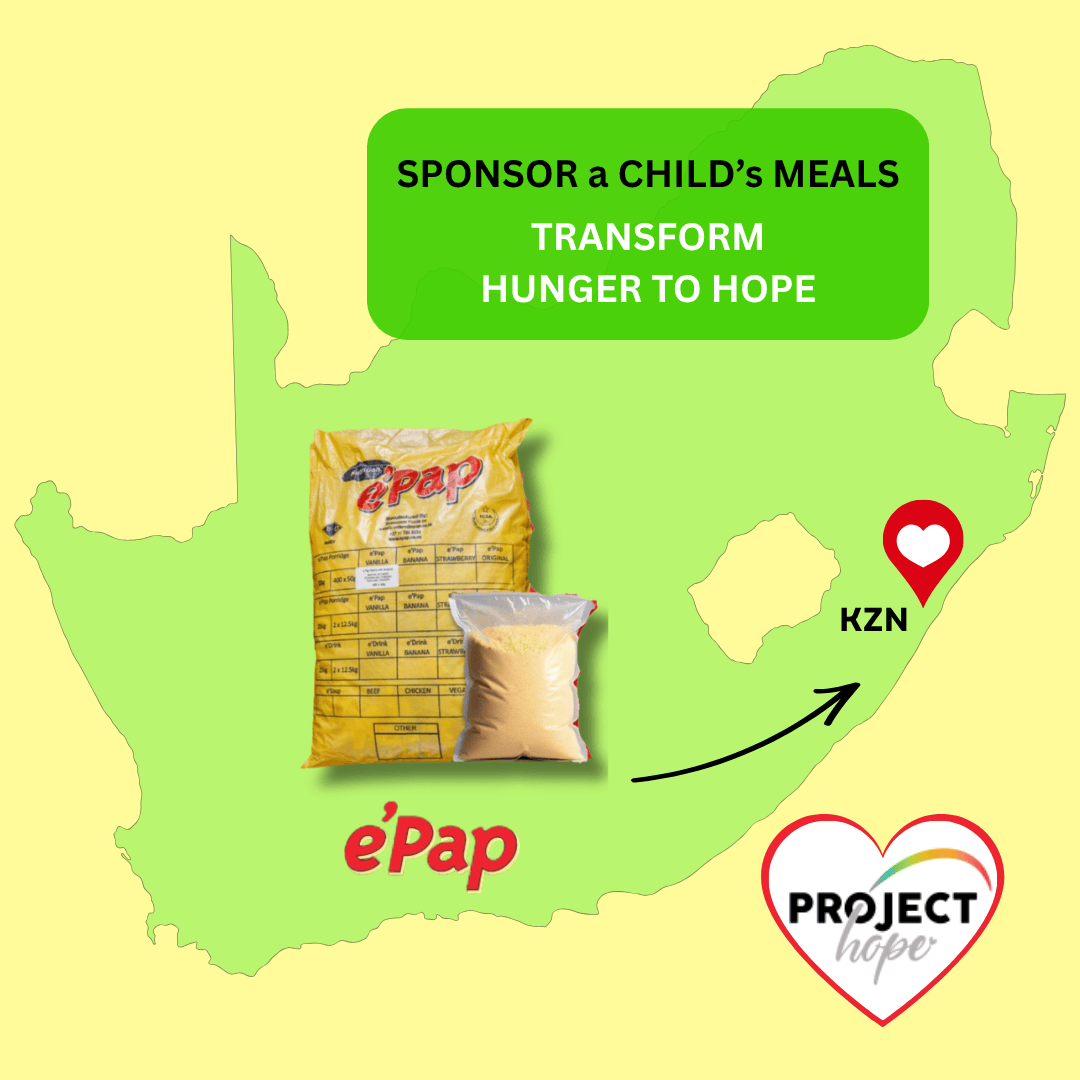 Sponsor a child's meals. Map of South Africa showing Project Hope's locations (KZN) and ePap porridge bags.