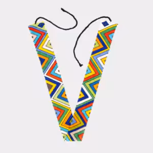 A multi-coloured Ubuntu Beaded Belt from the Shop of Hope, handcrafted with traditional South African geometric patterns and black tie strings.