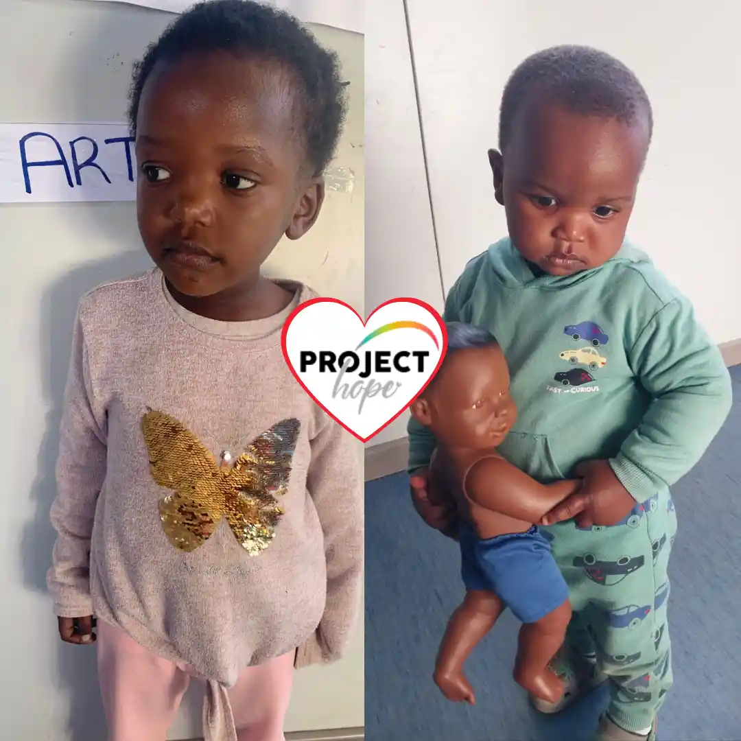 Two preschoolers, Olive and Lucky, who thrive when you sponsor a child’s meals in South Africa to combat childhood malnutrition.