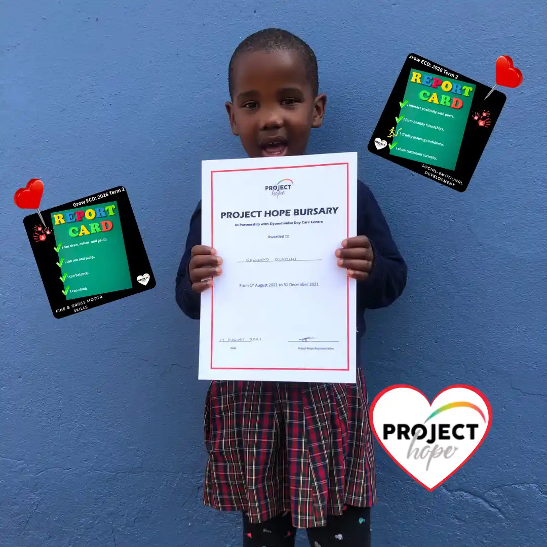 A young student proudly holds up a preschool bursary certificate next to Grow ECD report cards. Safely contribute early childhood development funding online. Make a difference to a child’s future.